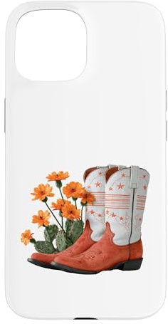 Western Boots Cactus Orange Flowers Desert Style Case for iPhone 15
