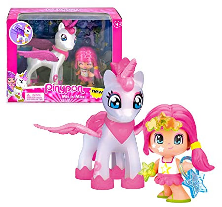 Pinypon - Estrella y Unicornio Volador, Decorado con Purpurina y Colores Perlados, Alitas Que se Mueven con 32 Accesorios Cambiables Mix is MAX, Famosa (700014082)