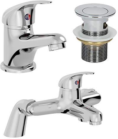 Architeckt® Essentials Bathroom Bath Filler Mixer Tap and Basin Tap with Waste Set Deck Mounted Round Twin Lever Handle Modern, Chrome