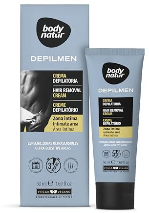 BODYNATUR - Crema Depilatoria Hombre 50 ml - Para Depilar Zona Íntima y Zonas Ultrasensibles - Depilación rápida en 3 Minutos Innovadora e Hidratante - Pieles sensibles - Depilación masculina corporal