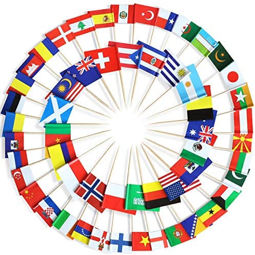 Anley Sortiert 100 Verschiedene Länder Zahnstocher Flagge - lebendiger doppelseitiger Druck & solide Glatte Auswahl - Partydekoration Cocktail Fruit Stick Cupcakes Topper (100 Stück)