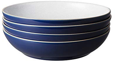 Denby - Elements Dark Blue Pasta Bowls Set of 4 - Dishwasher Microwave Safe Crockery 1050ml 22cm - Navy Blue, White Ceramic Stoneware Tableware - Chip & Crack Resistant