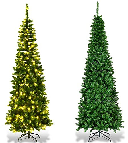 RELAX4LIFE Sapin de Noël Artificiel 200cm avec Lumières LED et Pied en Métal pour Décoration de Noël,Arbre de Noël en Matériau PVC pour Bureau, Maison, Vitrine de Magasin