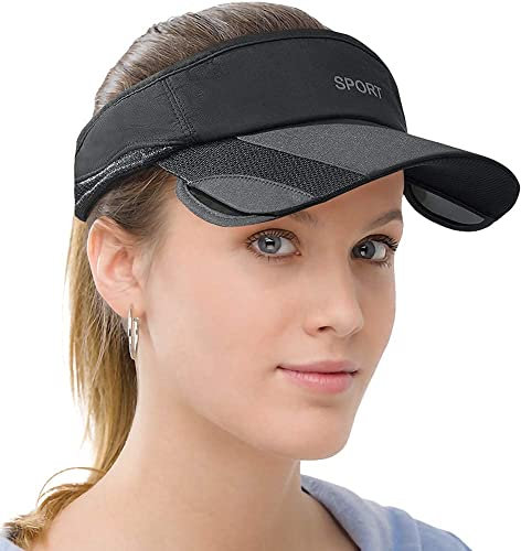 Men Women Sun Protection Sports Visor Hats Summer Wide Brim Adjustable Golf Tennis (Black, One Size), Black