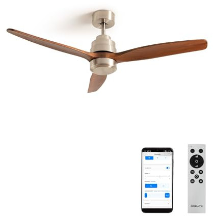 CREATE / WINDSTYLANCE/Ventilateur de plafond avec Wifi et télécommande, niquel pales bois foncé / 40W, silencieux, Ø132 cm, 6 vitesses, programmable moteur, fonction été-hiver