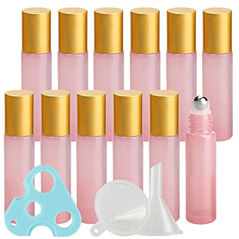 TIANZD Lot de 12, Flacons à Bille pour Huiles Essentielles 10ml – Bouteilles Roll-on en Verre Rose avec Couvercle Or avec Rouleau en Acier Inoxydable (1 décapsuleur et 1 entonnoir)