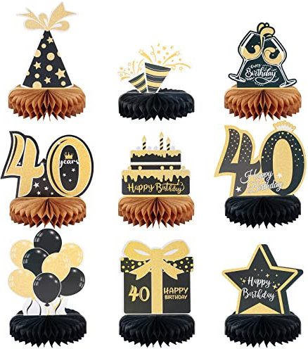 LOOPES 9 Stück 40 Geburtstag Deko 40 Tischaufsätze Bienenwaben Geburtstag Waben Tischdeko Schwarz Gold 40. Geburtstag Happy 40th Birthday 3D Mittelstück für Frauen Männer Geburtstag Dekoration