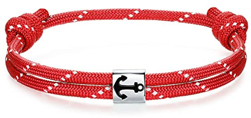 J.Endéar Anker Armband Silber 925 für Herren Damen, Nautical Marine Paracord Armband Männer Jungen, Partner Freunde Segeltau Surfer Schmuck Geschenk, Rot