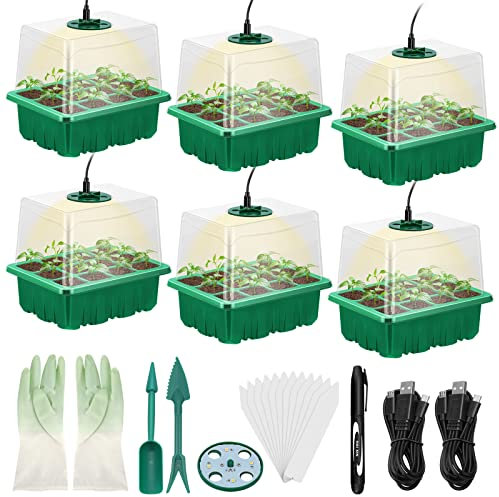 Lunies 6 Packs Seed Starter Tray with Grow Light, Indoor Greenhouse Seeding Starter Trays for Planting, Base Gardening Plant Germination Kit, Seed Starter Kit with Humidity Domes, (12 Cells per Tray)
