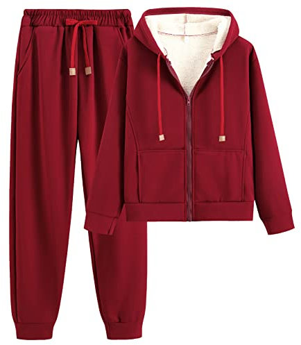 amropi Tuta da Donna Vello Foderato Cappotto con Cappuccio e Pantaloni Inverno Caldo Jogging Tute Rosso,XXL