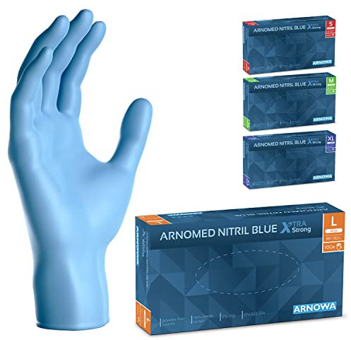 ARNOMED Einweghandschuhe Blau Extra Stark, Einmalhandschuhe in L, 50% dickere Nitrilhandschuhe, 100 Stk./Box, Handschuhe Einweg puderfrei, latexfreie Gummihandschuhe, Einweghandschuhe in S, M, L & XL