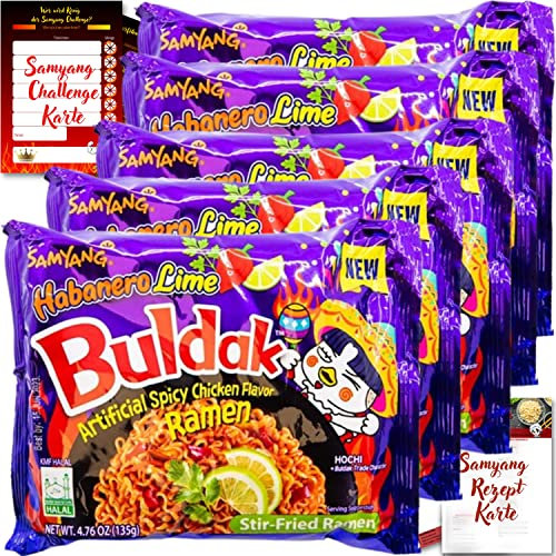 asiafoodland - Samyang Buldak Ramen Set - Habanero Lime - scharfe Nudeln mit Habanero und Limette aus Südkorea - mit Challenge- u. Rezeptkarte (5 x 140g)