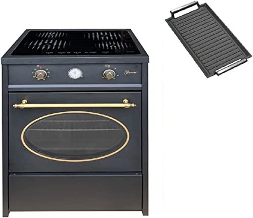 GURARI fornello a vetro ceramika a libera installazione GCH E 612 BL r + piastra in ghisa, fornello a induzione retrò 60 cm, 8 funzioni, aria calda, grill, 4 zone di cottura, 4x booster