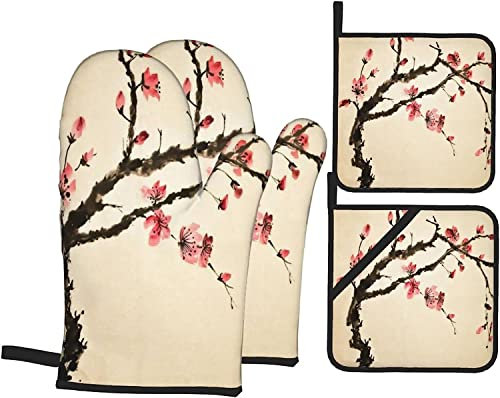 Ofenhandschuhe und Topflappen Sets mit 4 traditionellen chinesischen Bemalungen im chinesischen Stil mit figuralem Baum mit Details Pinselstrich-Polyester-Ofenhandschuhe mit Ofenhandschuhen und Hot Pa