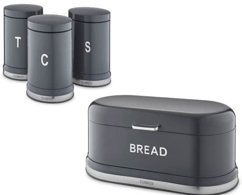Tower Belle Graphite Bread Bin & Tea, Coffee & Sugar Canisters. Stylish Parisian Design Kitchen Storage Set of 4 in Grey