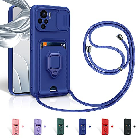 Aithne Cordon de Coque pour Xiaomi Redmi Note 10/ Note 10S,Couvercle Coulissant de la Caméra+Support Annulaire à 360 Degrés,Fentes pour Cartes Lanyard Silicone Case -Bleu