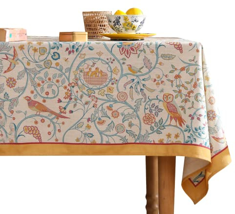 patdrea Designer-Tischdecke im Vintage-Stil, lang, rechteckig, französisches florales Vogelmuster, Leinen, dekorative Abdeckung für Küche, Esszimmer, Bankett, Weihnachten, Thanksgiving, 160 x 259 cm