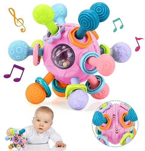BIQIQI Beissring Baby Spielzeug Ab 0-3 Monate, Beißring Baby Rassel Silikon Sensory Beißring Bälle, Montessori Spielzeug Veilchenwurzel Baby Geschenk (Pink Lila)