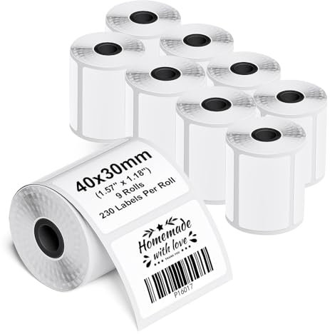 Phomemo M110/M220/M221/M200/M120/M100/M108/M150/M250/M260 Selbstklebende Etiketten, 1.57x1.18(40x30mm) Thermoetiketten papier für Phomemo Etikettendrucker, 230 Etiketten pro Rolle (9 Rollen)