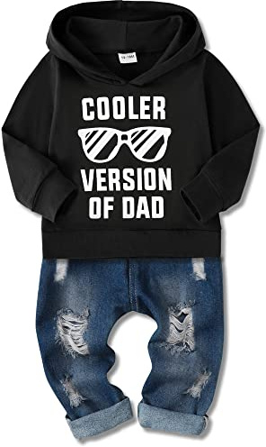 Amissz Baby Boy Clothes Toddler Boys Outfit 1-6T Infant Letter Printed Sweatshirt Fashion Long Sleeve Hoodie Tops Ripped Jeans Set 2PC