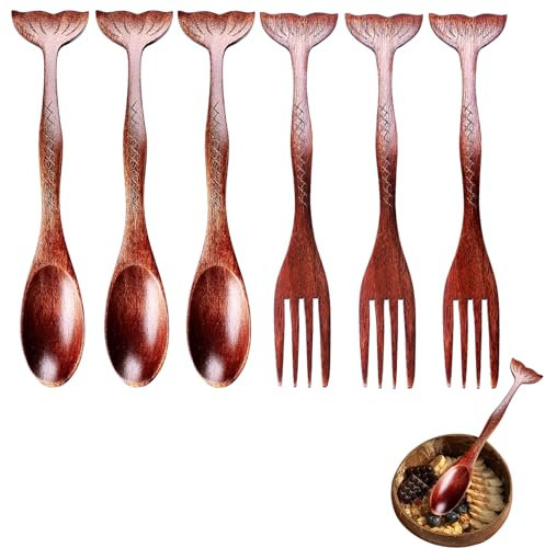 RYXZEN 6 Pezzi Cucchiai da Minestra e Forchette in Legno, Cucchiaio Legno Personalizzato Creativo a Coda di Pesce Posate Legno per Feste Banchetti Buffet Catering Vita Quotidiana (17 L x2.8cm W)