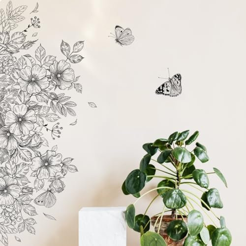 WandSticker4U®- Wandtattoo BLUMEN schwarz/weiß (90x40 cm) I Wandsticker Blumen Aufkleber Frühling gezeichnet I Wanddeko Wohnzimmer Schlafzimmer Küche Flur Bad Möbel Sticker selbstklebend GROß