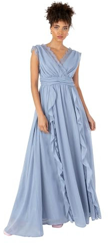 Anaya with Love Damen Women's Maxi Dress Ladies Sleeveless V-Neck Waterfall Ruffle Lace for Wedding Guest Bridesmaid Evening Prom Ball Gown Kleid, Dusty Blue,