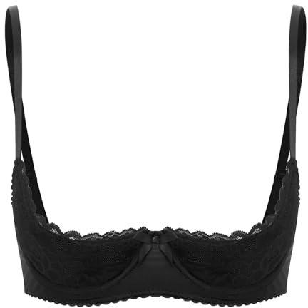 CHICTRY Womens Sheer Lace Lingerie 1/4 Cups Bare Exposed Breast Underwire Push Up Bra Tops Bralette Black XXL