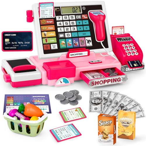 maysida Caisse enregistreuse pour enfant, jouet, avec véritable calculatrice, scanner, carte de crédit, argent de jeu, nourriture (rose)
