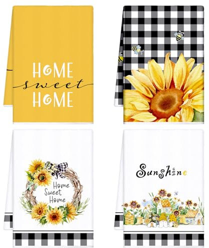 Bencailor Küchenhandtücher mit Sonnenblumenmotiv, Sommer, Herbst, Blume, Meer, Strand, Zitrone, schnell trocknend, Dekoration, Einweihungsgeschenk zum Kochen, Küche, Badezimmer (kariert, Sonnenschein