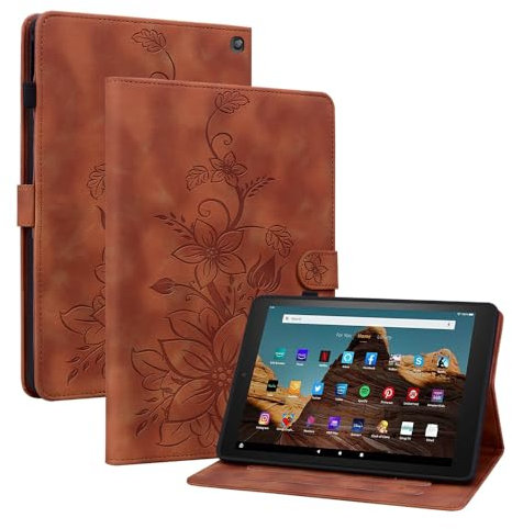 Jenyoog Case for Amazon Kindle Fire HD 10 & 10 Plus Tablet(13th/11th Generation 2023/2021 Release) with Pencil Holder Pocket Elastic Band Folio Stand Magnetic PU Leather Cover (Brown)