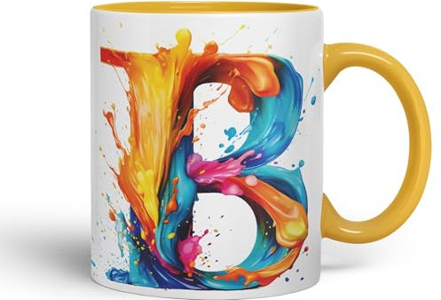 Vixar Letter B Mug, Alphabet Letter B Monogram Watercolour Ceramic Coloured Mug Cup for Tea Coffee Hot Brew 330ml 11Oz Gift (G Yellow)