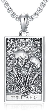 enjoylifecreative Skelett Tarotkarten Halskette für Frauen Männer 925 Sterling Silber Totenkopf Rose Anhänger Kette Halloween Valentinstag Gothic Schmuck Geschenk für Damen Herren