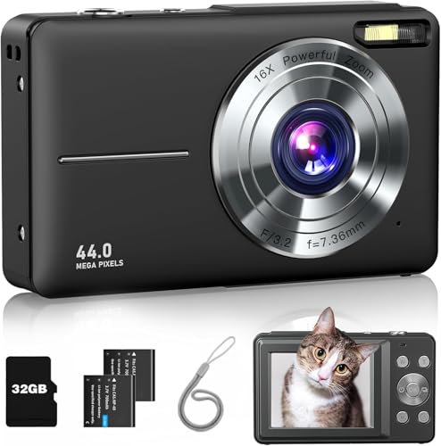 4K Appareil Photo Numérique 44 MP Appareil Photo vidéo Carte 32 Go 1080P Flash HD Camera Digitale Compacte avec écran LCD 16X Zoom & 2 Batteries pour Enfant Adolescent Débutant (Noir)
