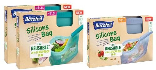 Bacofoil Reusable Silicone Food Bags - Food Storage Bags for Fresh Produce, Meal Prep, Soups - Reusable Freezer Bags for Freezing & Reheating - Microwave & Dishwasher-Safe, 3-Pck, 1L (1x) & 1.5L (2x)