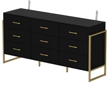 Caldion Moderne Kommode mit 9 Schubladen,Kommodeschrank mit 4 Beinen,Metallgriffen,Buffetkommode Schwarz,Wohnzimmerschrank,Schubladeschrank,156x40x76cm