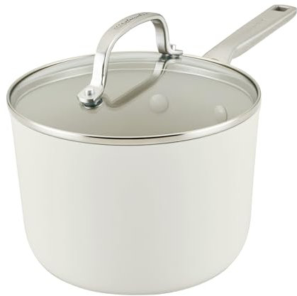 KitchenAid Hard Anodized Ceramic Nonstick Cookware Saucepan with Lid, 3 Quart Non Stick Sauce Pan with Stainless Steel Handle - Porcelain White