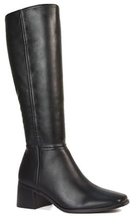 ESSEX GLAM Women's Square Toe Knee High Boots Low Heel Ladies Black Synthetic Leather Zip Calf Long Booties Size 8