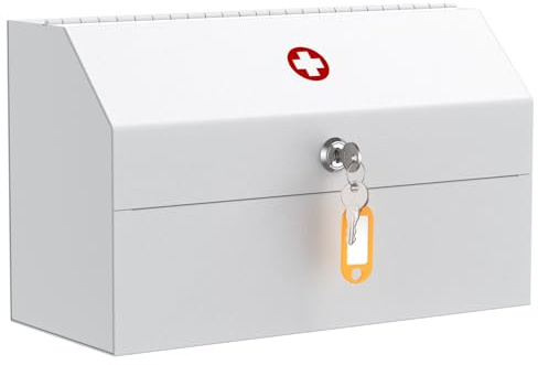 Uniclife Wall Mount Medicine Cabinet with Key Lock Locking First Aid Cabinet Lockable Medical Cabinet Small Medicine Organizer Secure Metal Storage Box, White