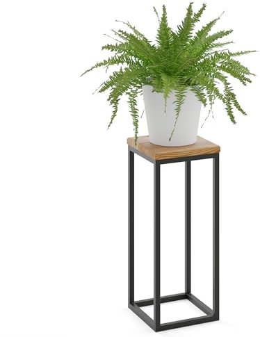 LAMO Manufaktur 50 cm Support Plantes | Piédéstal pour Plantes | Porte-plantes Interieur Cadre Noir | Plateau 100% Bois Massif Couleur: Rustique