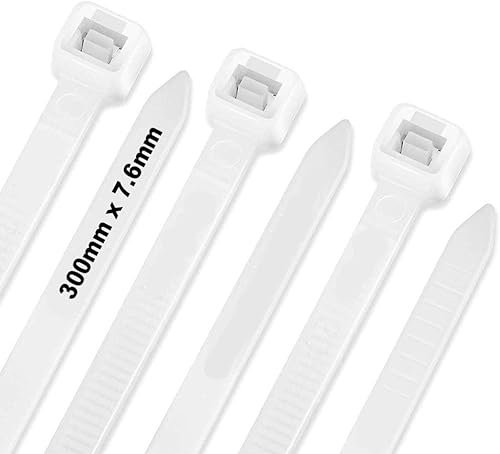 JQKX Kabelbinder 300mm x 7,6mm, UV-Beständig ultra starke Kabelbinder mit 70 kg Zugfestigkeit, Nylon,Weiß,100 Stück