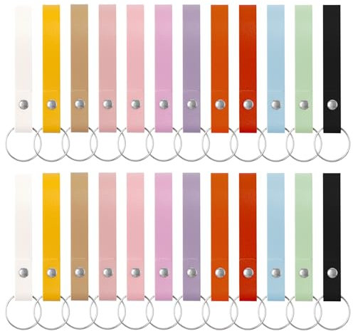 Sixfolo Leder Schlüsselanhänger 24 Stück SchlüsselanhäNger Leder Damen Lederband SchlüSselanhäNger Rohling mit Schlüsselringen Metall für Geschenk Schlüsselband Anhänger,12 Farben