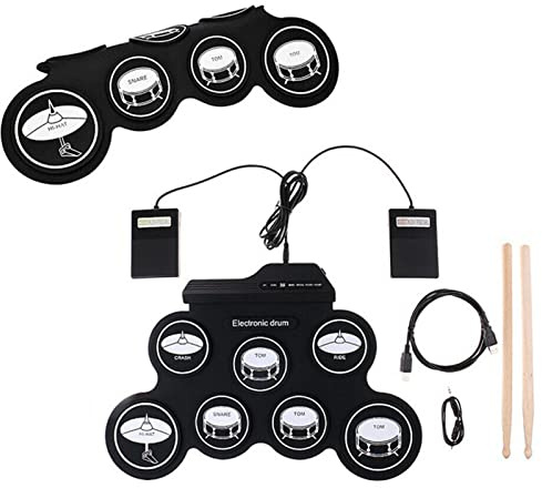 Aoaoy Elektronisches Schlagzeug Set 7 Pads, 5 Stimmungen, 8 Demonstrationslieder, Tragbares USB Roll Up Drum Practice Pad mit MP3-Eingang, für externe Kopfhörer oder Lautsprecher