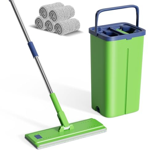 Eukue Juego de Fregona, Mopa Microfibre con Cubo Escurridor, Mopas de Limpieza Suelos con 5 Almohadillas Reutilizables y Mango de Acero Inoxidable, Apto para Baldosas y Suelos de Madera, Verde