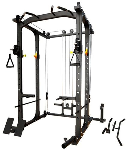 Modern Fitness Multi Function Power Squat Rack, Power Cage with Adjustable Cable Crossover System and More Training Attachment, All-in-One Squat Rack with Dual Pulley System, Weight Cage