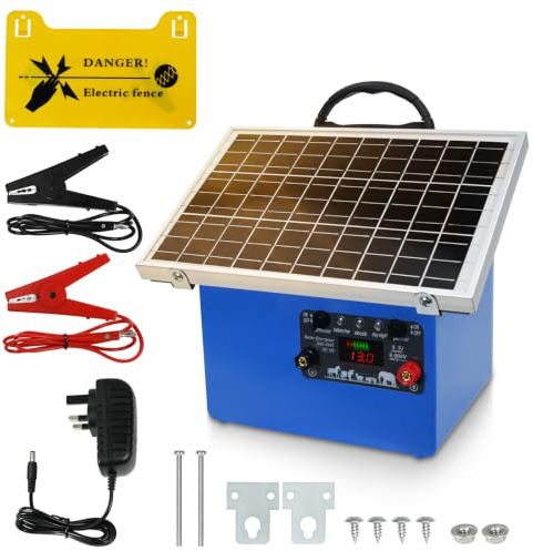 32KM Solar Electric Fence Energizer for Horses, Solar Powered Fence Charger | 0.5J Output (7.1-9.5KV) Portable Solar Fence Charger with Day/Night Mode & Battery, IP65-rated, 24/7 Protection for Poultry