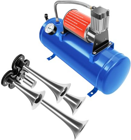Compresor de aire comprimido DC 12 V con bocina de 4 tubos, 6 l, presión máxima de trabajo 150 PSI, compresor de aire portátil, para neumáticos de coche, motores de coche, bicicletas, etc