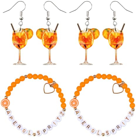 TUONYIS Aperol Cadeaux Femme, Cadeaux Aperol 2 Pièces Bracelet Aperol et 2 Pièces Boucles D'oreilles Verre à vin Aperol, Accessoires de Costume Aperol Spritz,Décoration Aperol pour Petite Amie (Orange