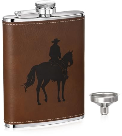 Cowboy Style Leather Hip Flask – 8oz Stainless Steel Flask with Western Engraving & PU Leather Wrap, Leakproof Pocket Flask for Whiskey, Bourbon, Gifts for Men