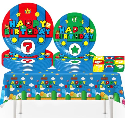 Partygeschirr Set,Geburtstag Deko Partygeschirr mit Tischdecken für 10 Gäste,Party Dekoration Pappgeschirr Partyzubehörset Partyteller Tischdecken (A1)